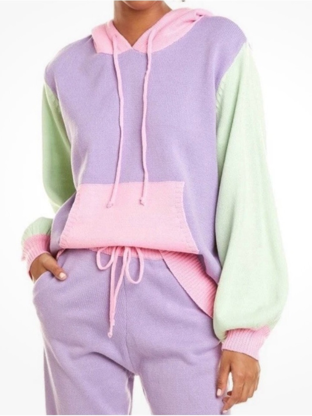 OLIVIA RUBIN Pastel Colorblock Knit Hoodie Jogger Set Lavender, Pink, Mint large